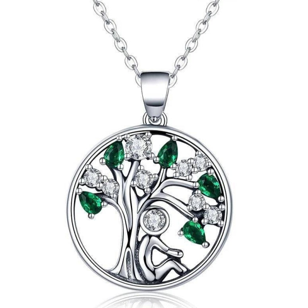 collier arbre de vie argent et vert