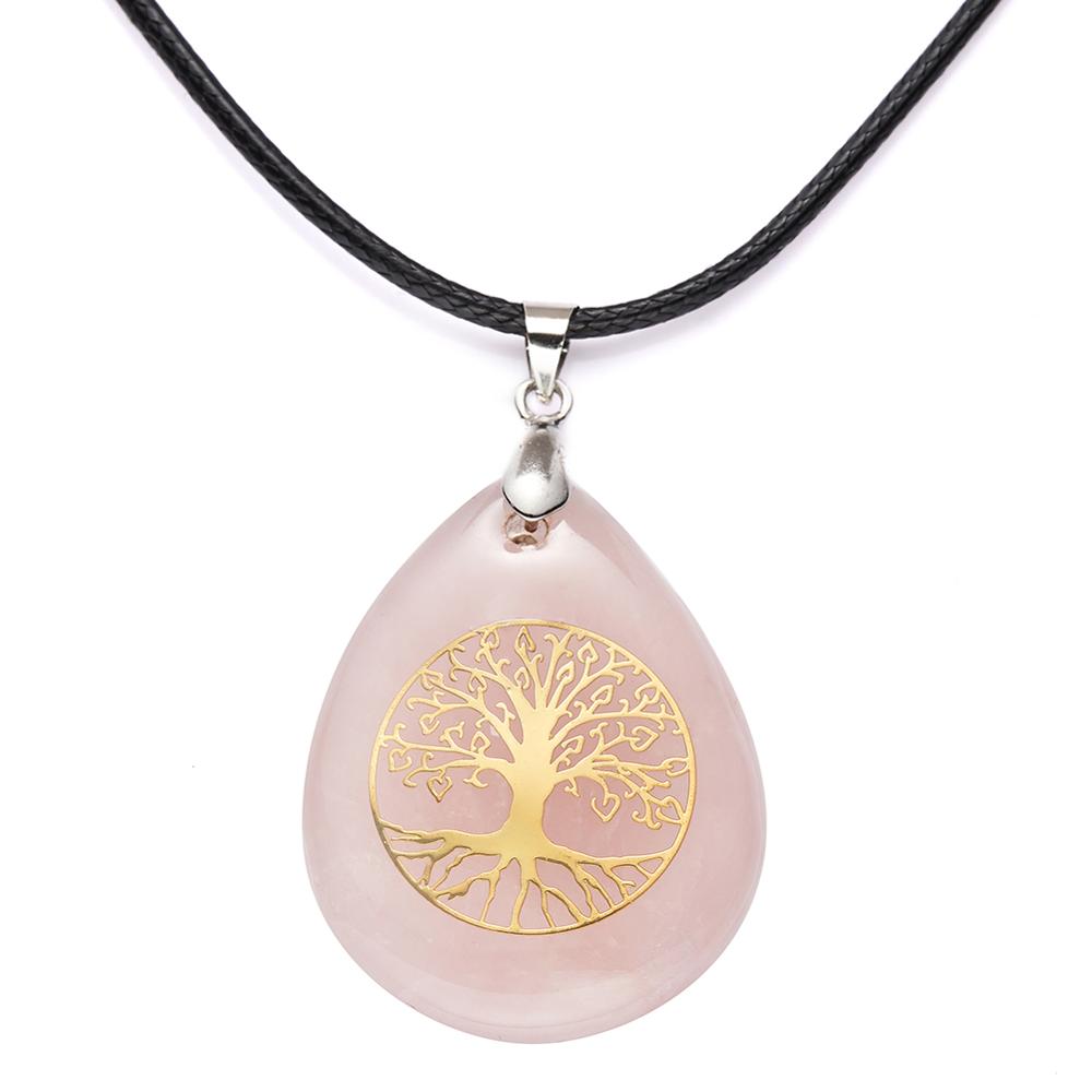 collier goutte en quartz rose cordon noir