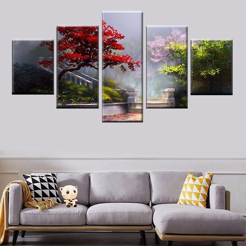 tableau cinq pièces d'un arbre cerisier japonais